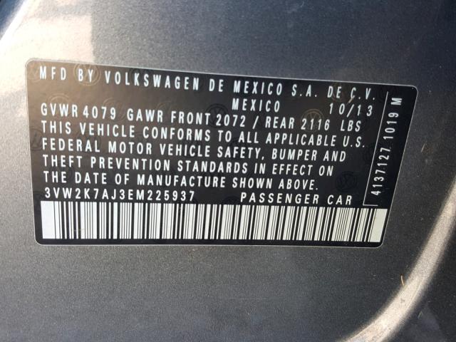 3VW2K7AJ3EM225937 - 2014 VOLKSWAGEN JETTA BASE Մոխրագույն լուսանկար 10