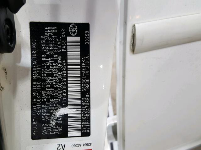 4T1BK3DB5BU409344 - 2011 TOYOTA AVALON BAS WHITE photo 10