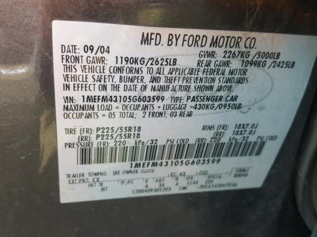 1MEFM43105G603599 - 2005 MERCURY MONTEGO PR 灰色 照片 10