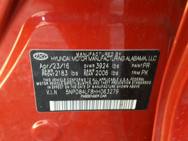 5NPD84LF8HH063279 - 2017 HYUNDAI ELANTRA SE RED photo 10