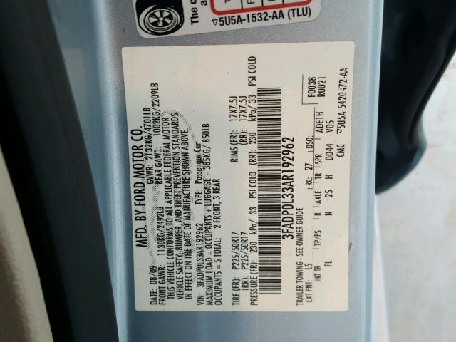 3FADP0L33AR192962 - 2010 FORD FUSION HYB BLUE photo 10