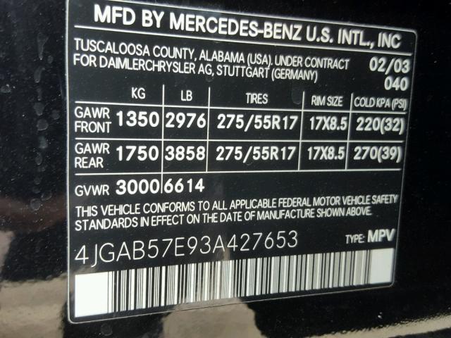 4JGAB57E93A427653 - 2003 MERCEDES-BENZ ML 350 BLACK photo 10