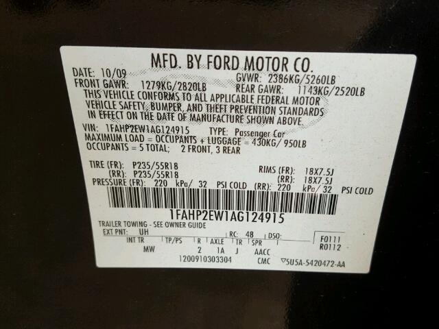 1FAHP2EW1AG124915 - 2010 FORD TAURUS SEL BLACK photo 10