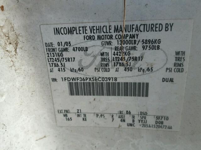 1FDWF36PX5EC03918 - 2005 FORD F350 WHITE photo 10