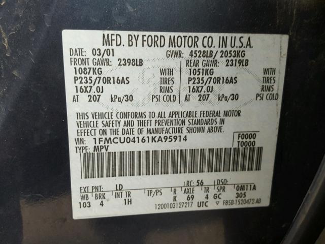 1FMCU04161KA95914 - 2001 FORD ESCAPE XLT GRAY photo 10