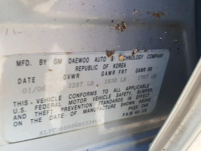 KL1TD66696B633469 - 2006 CHEVROLET AVEO BASE Srebrny zdjęcie 10