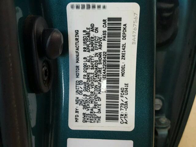 1NXBU4EE4AZ206422 - 2010 TOYOTA COROLLA TEAL photo 10