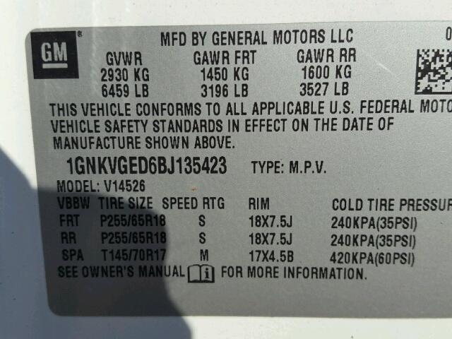 1GNKVGED6BJ135423 - 2011 CHEVROLET TRAVERSE L WHITE photo 10