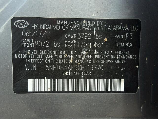 5NPDH4AE9CH116770 - 2012 HYUNDAI ELANTRA GRAY photo 10