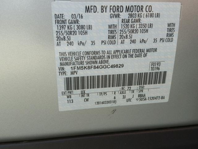 1FM5K8F84GGC49829 - 2016 FORD EXPLORER L SILVER photo 10