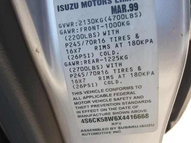 4S6CK58W6X4416668 - 1999 HONDA PASSPORT E SILVER photo 10