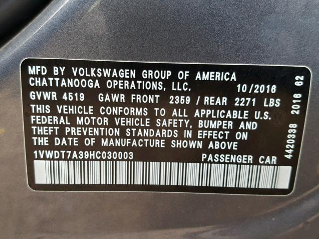 1VWDT7A39HC030003 - 2017 VOLKSWAGEN PASSAT R-L GRAY photo 10