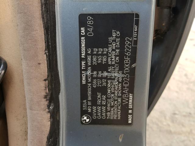 WBAHD231XKBF62292 - 1989 BMW 535 I AUTO BLUE photo 10