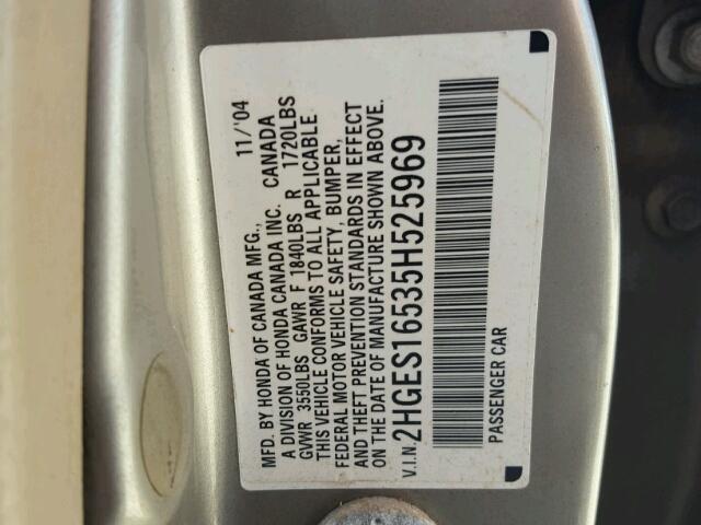 2HGES16535H525969 - 2005 HONDA CIVIC LX SILVER photo 10