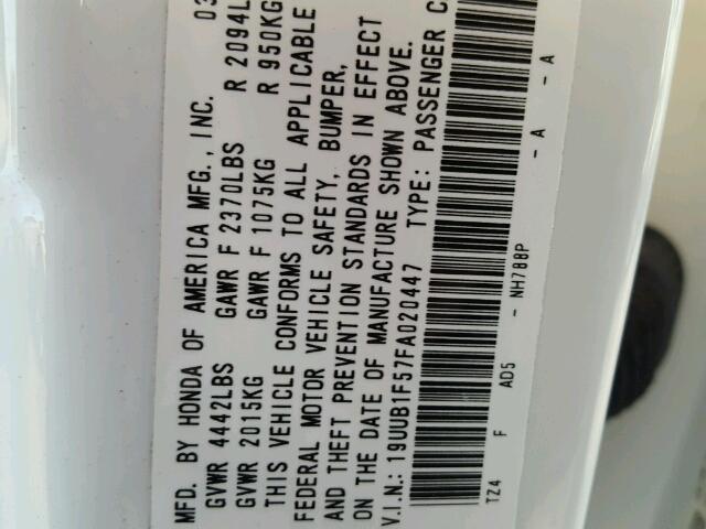 19UUB1F57FA020447 - 2015 ACURA TLX TECH 白色 照片 10