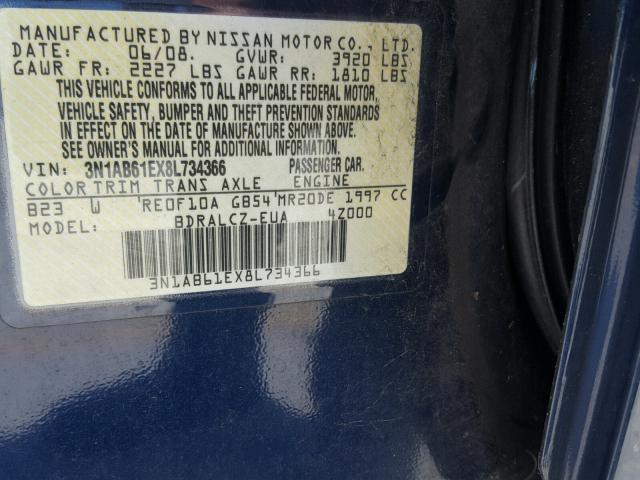 3N1AB61EX8L734366 - 2008 NISSAN SENTRA 2.0 BLUE photo 10