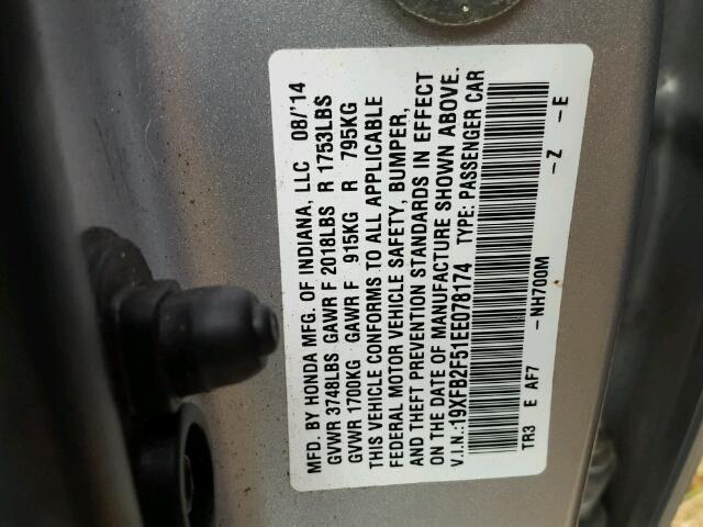 19XFB2F51EE078174 - 2014 HONDA CIVIC SILVER photo 10