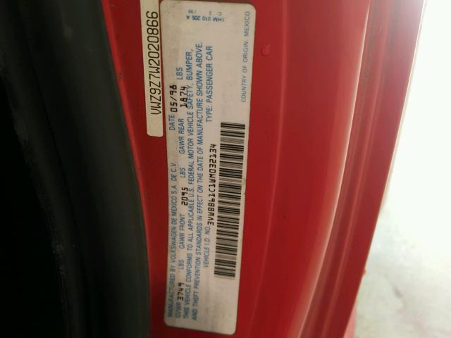 3VWBB61C1WM032134 - 1998 VOLKSWAGEN NEW BEETLE წითელი ფოტო 10