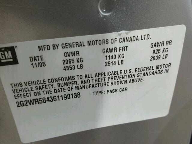2G2WR584361190138 - 2006 PONTIAC GRAND PRIX ვერცხლისფერი ფოტო 10