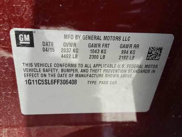 1G11C5SL6FF306408 - 2015 CHEVROLET MALIBU 1LT MAROON photo 10