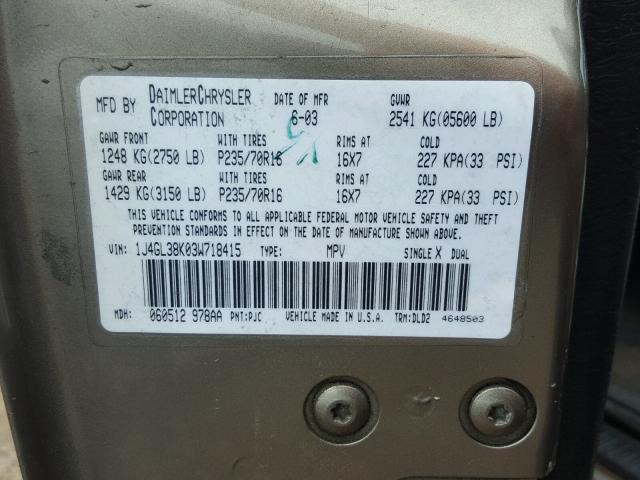 1J4GL38K03W718415 - 2003 JEEP LIBERTY RE GOLD photo 10