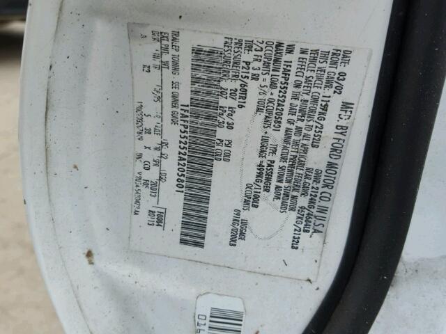 1FAFP55252A205801 - 2002 FORD TAURUS WHITE photo 10