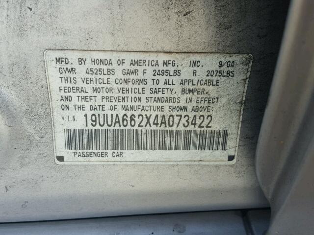 19UUA662X4A073422 - 2004 ACURA TL SILVER photo 10