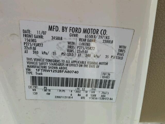 1FTRW12528FA80740 - 2008 FORD F150 WHITE photo 10