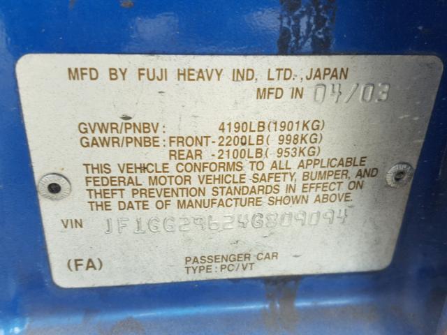 JF1GG29624G809094 - 2004 SUBARU IMPREZA WR BLUE photo 10