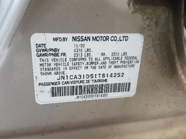 JN1CA31D51T614252 - 2001 NISSAN MAXIMA GXE BEIGE photo 10