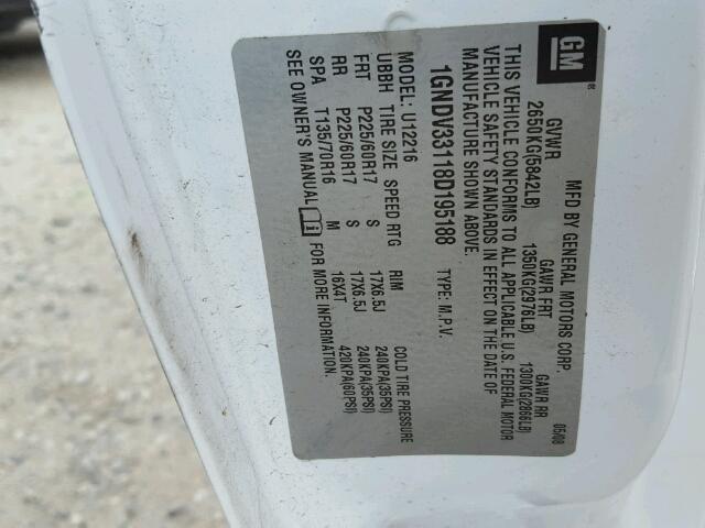 1GNDV33118D195188 - 2008 CHEVROLET UPLANDER L თეთრი ფოტო 10