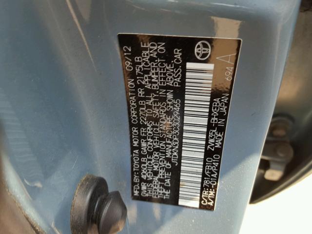 JTDKN3DP3C3029465 - 2012 TOYOTA PRIUS PLUG TURQUOISE photo 10