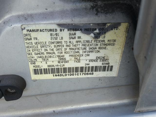 1N4DL01D01C170648 - 2001 NISSAN ALTIMA XE SILVER photo 10