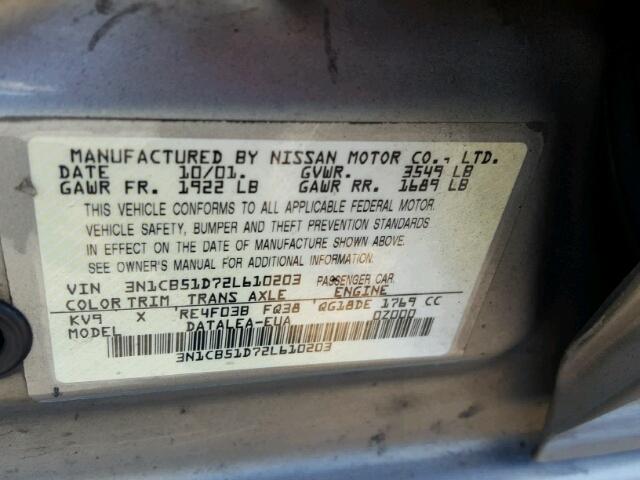 3N1CB51D72L610203 - 2002 NISSAN SENTRA XE SILVER photo 10