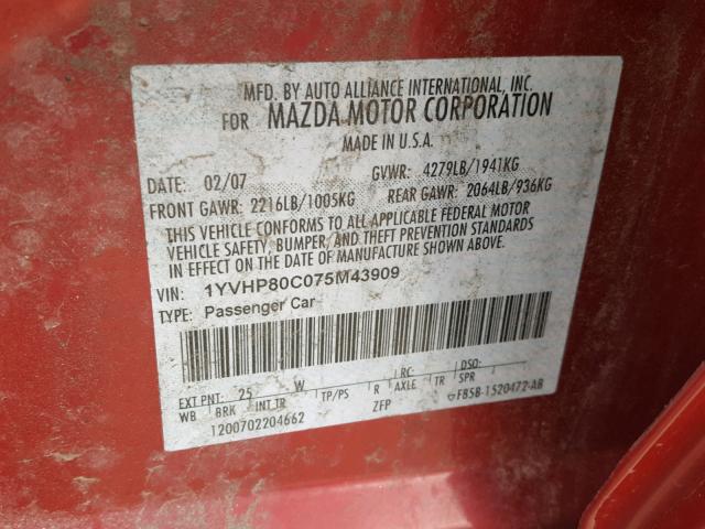 1YVHP80C075M43909 - 2007 MAZDA 6 I أحمر صورة 10