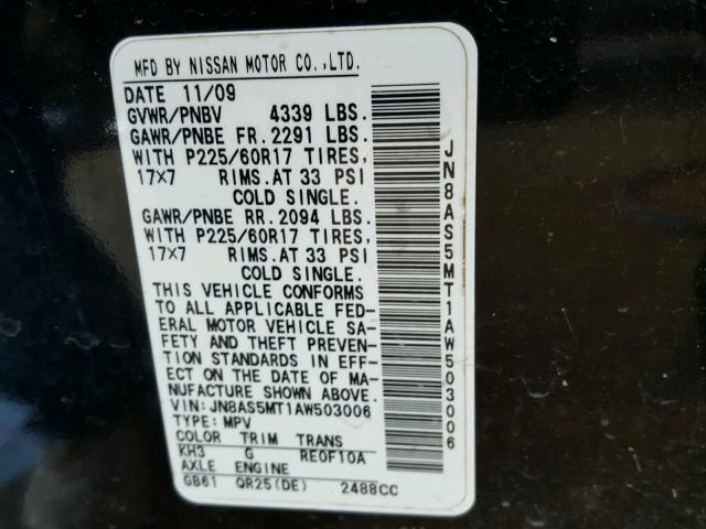 JN8AS5MT1AW503006 - 2010 NISSAN ROGUE BLACK photo 10