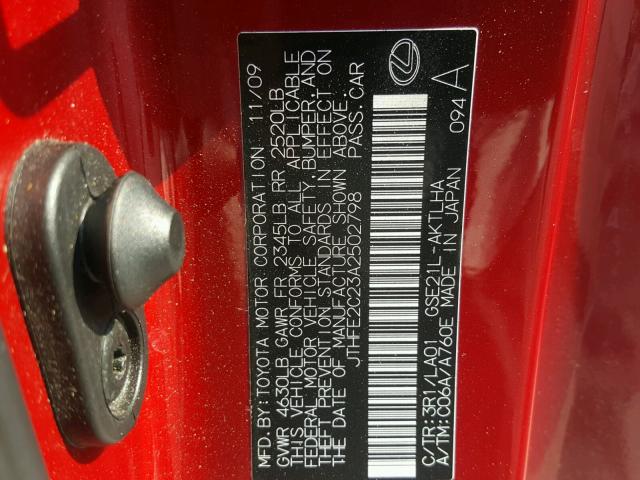 JTHFE2C23A2502798 - 2010 LEXUS IS 350 RED photo 10