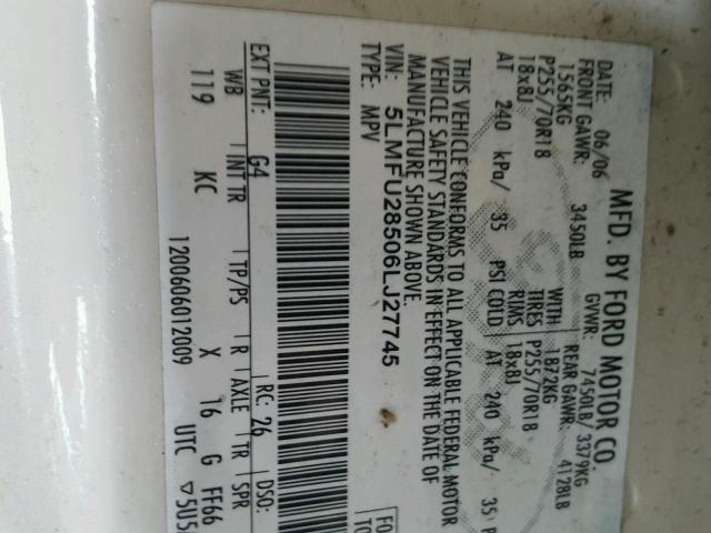 5LMFU28506LJ27745 - 2006 LINCOLN NAVIGATOR 白色 照片 10