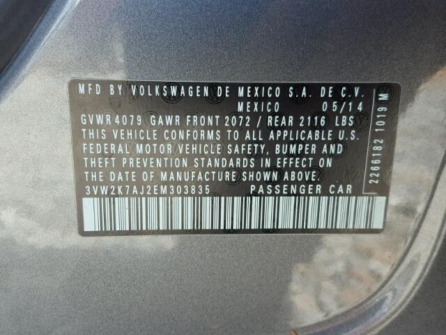 3VW2K7AJ2EM303835 - 2014 VOLKSWAGEN JETTA BASE 灰色 照片 10