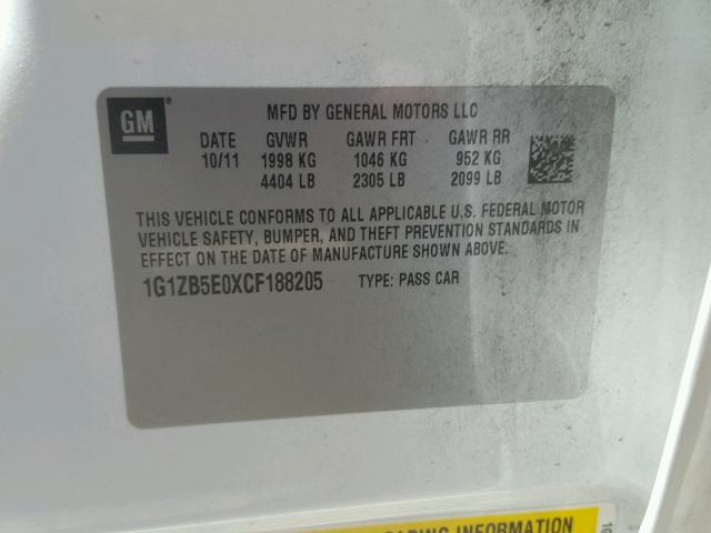 1G1ZB5E0XCF188205 - 2012 CHEVROLET MALIBU LS თეთრი ფოტო 10