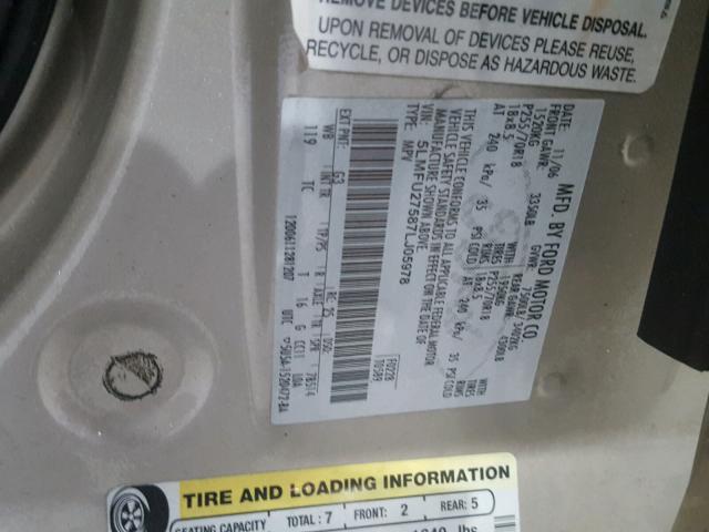 5LMFU27587LJ05978 - 2007 LINCOLN NAVIGATOR თაფლისფერი ფოტო 10