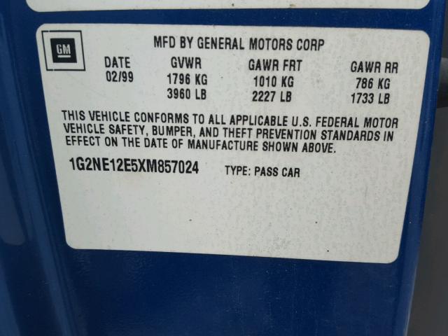 1G2NE12E5XM857024 - 1999 PONTIAC GRAND AM S 蓝色 照片 10