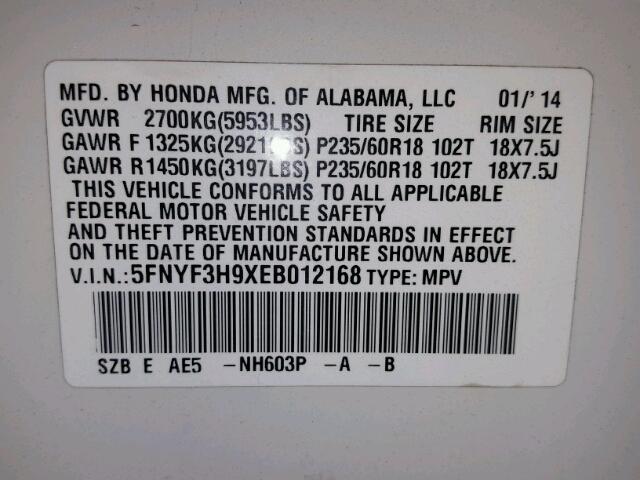 5FNYF3H9XEB012168 - 2014 HONDA PILOT WHITE photo 10