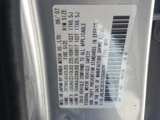 JHLRE38707C068029 - 2007 HONDA CR-V EXL SILVER photo 10