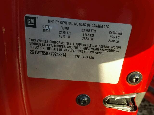 2G1WT55KX79212874 - 2007 CHEVROLET IMPALA 红色 照片 10