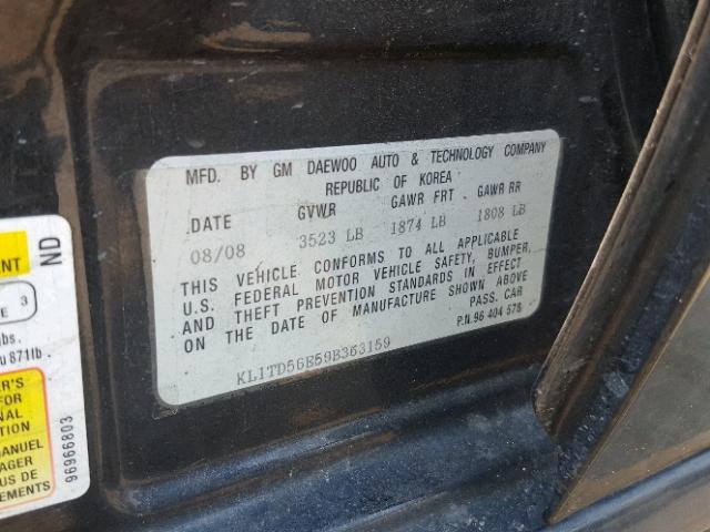 KL1TD56E59B363159 - 2009 CHEVROLET AVEO LS BLACK photo 10