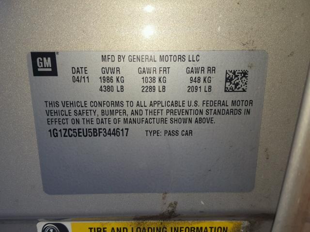 1G1ZC5EU5BF344617 - 2011 CHEVROLET MALIBU 1LT 银色 照片 10