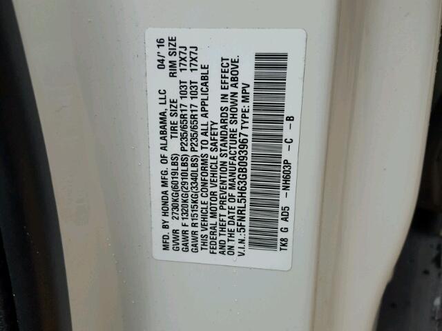 5FNRL5H63GB093967 - 2016 HONDA ODYSSEY EX WHITE photo 10