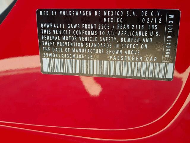 3VWDX7AJ3CM385128 - 2012 VOLKSWAGEN JETTA SE 红色 照片 10