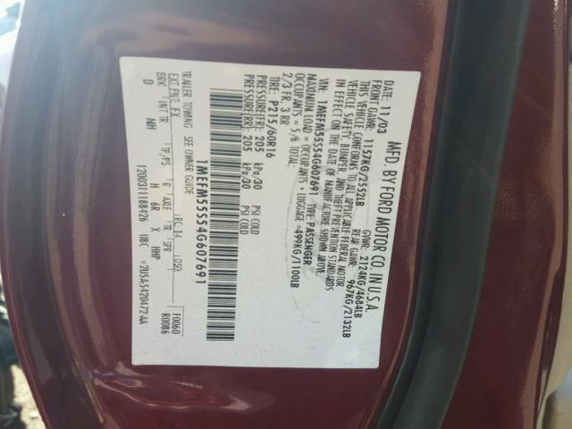 1MEFM55S54G607691 - 2004 MERCURY SABLE LS P MAROON photo 10